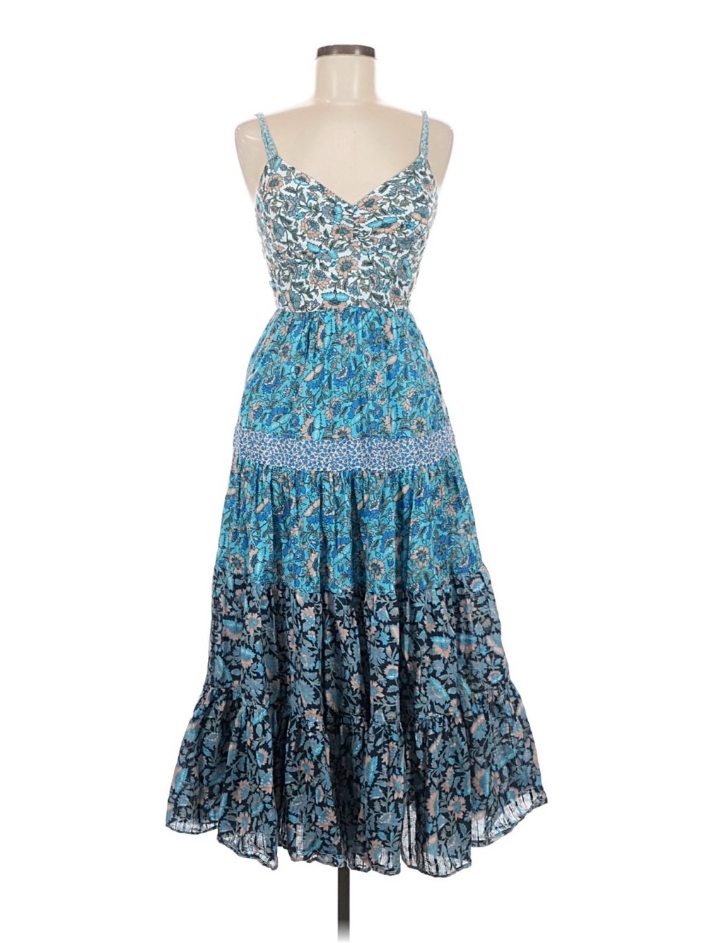 Blue Floral Tiered Maxi Dress with Spaghetti Straps